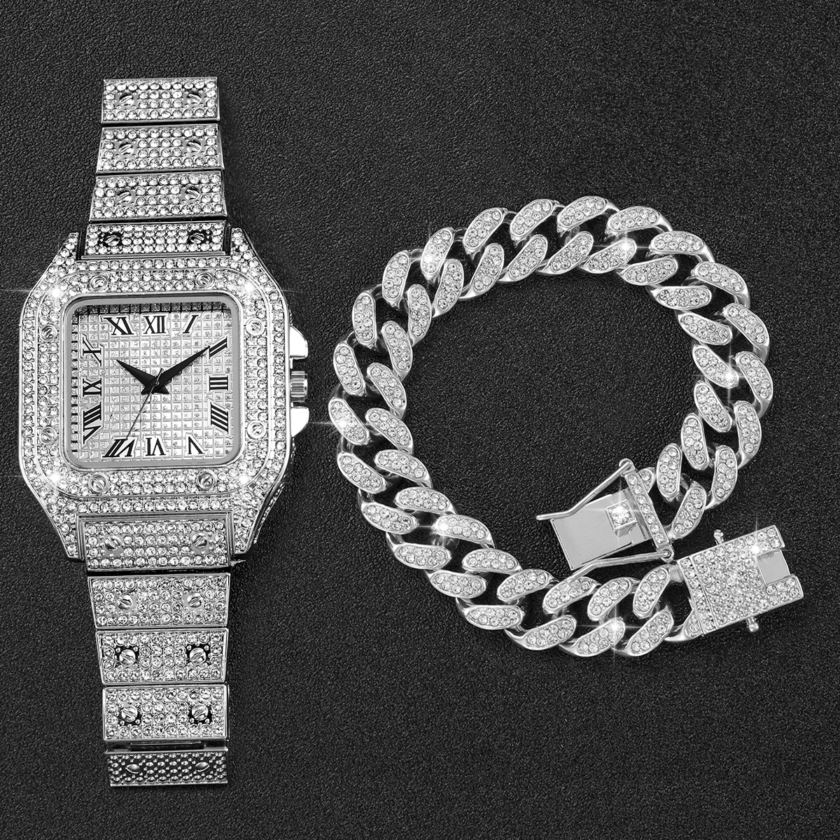 2PCS Iced Out Square Watch & C - Luxury Watch Uk ulasan dan harga